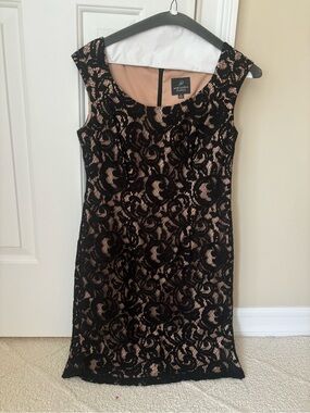 Adrianna Papell Black Lace Midi Dress with Nude Lining